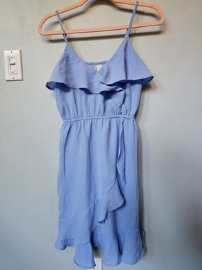 Japna Periwinkle Blue Ruffle Mini Dress Women's XS Wrap Style Spaghetti Strap